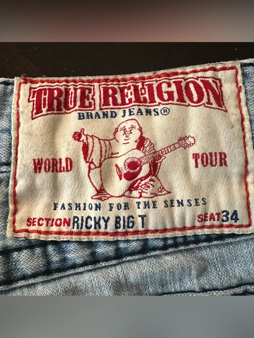 True Religion Ricky Big T Men's Light Blue Distressed Jeans, Waist 31, Seat 34